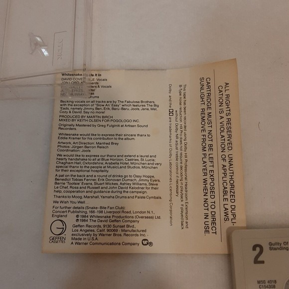 Whitesnake Slide It In Cassette Tape 1984 Metal Heavy Metal RCA Records READ - Picture 11 of 12